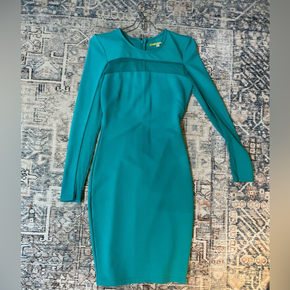 Gianni Bini teal long sleeved bodycon dress with sheer detail